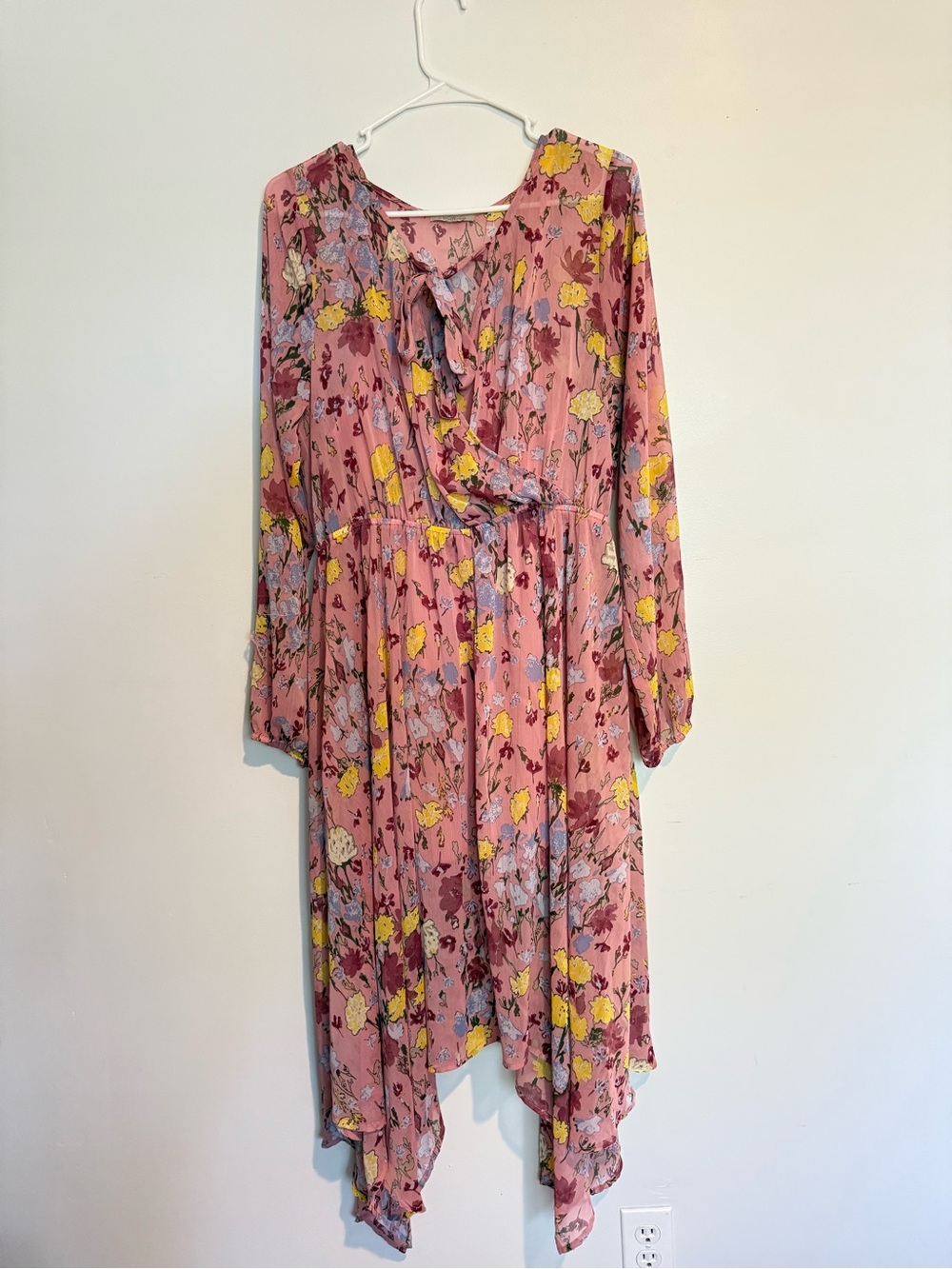 Pink Floral Ruffle Midi Dress with Tie Neck